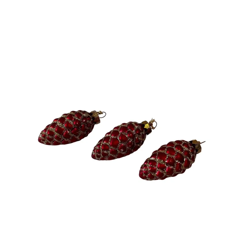 Vintage Red Glass Pinecone Christmas Ornaments Gold Glitter Set of 3‎ Small 2